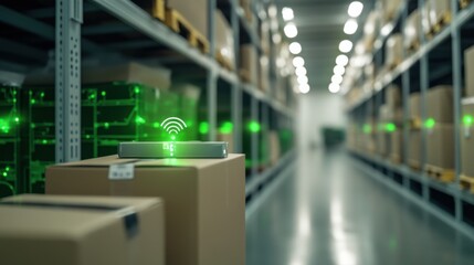 Smart Wi-Fi Router on Box in Modern Warehouse with Inventory Shelves