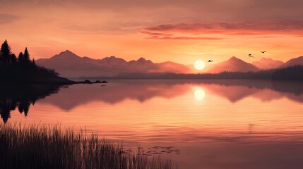 Obraz premium Serene sunset over tranquil lake, vibrant orange hues reflecting on water, perfect for nature-themed projects or relaxation.