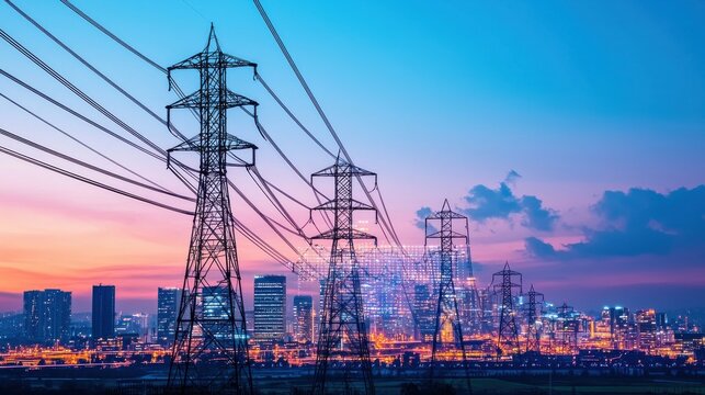A stunning sunset skyline featuring power lines and towers, silhouetted against a vibrant sky, showcasing urban energy infrastructure.