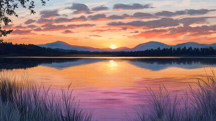 Obraz premium Serene sunset over calm lake, vibrant colors reflecting on still water, peaceful nature scene perfect for relaxation.
