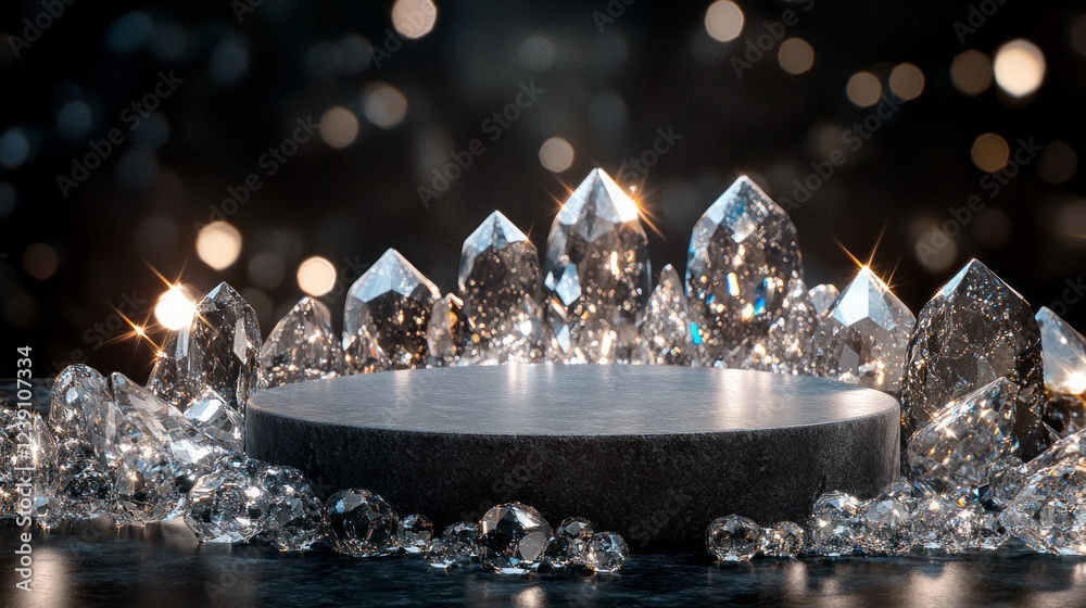 Poster a slate-gray podium stands elegantly at the center, encircled by sparkling crystals that reflect sof