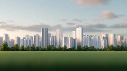 Obraz premium A modern city skyline showcases tall buildings against a clear sky, with lush greenery in the foreground.