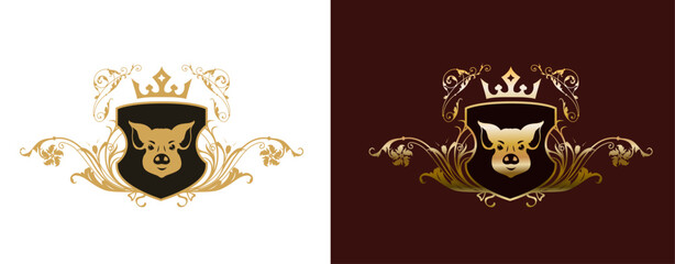 Coat of arms with boar head on white and brown background. Heraldry with pig head and floral ornament. Vector illustration in vintage style.