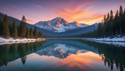 Fototapeta premium Un sereno paisaje montañoso con picos nevados, un lago tranquilo y un vibrante cielo al atardecer. El primer plano presenta un denso bosque de pinos reflejado en las tranquilas aguas, creando una esce