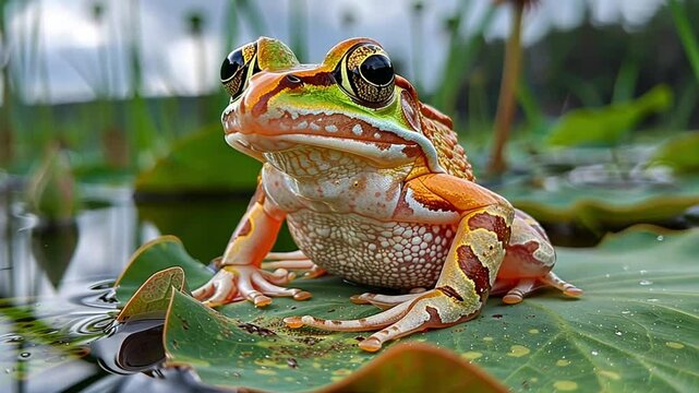 a frog on a lotus leaf in a swamp footage