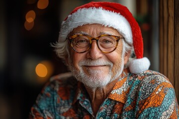 Smiling Elderly African Santa Claus in Red Hat with Vibrant Colors and Cozy Rustic Background