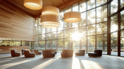 A spacious lounge area filled with inviting seating and large windows, letting in soft sunlight, creating a calm atmosphere perfect for relaxation and social interactions.