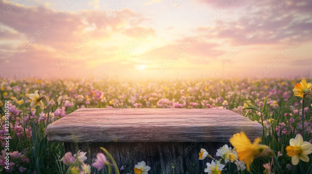 Aufkleber a wooden podium stands at the center of a flower-filled meadow during springtime, surrounded by colo