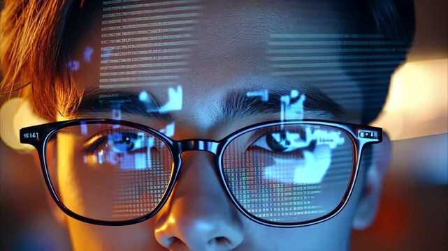 Skilled developer analyzing code with neon text reflections on glasses. AI, cybersecurity, and IT service innovation.