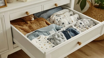 Nursery dresser drawer, organized baby clothes, room decor, storage