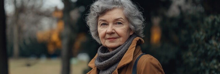 A confident elderly woman standing in nature, embodying wisdom and grace with a serene smile.