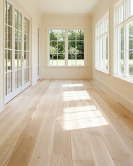 Obraz premium Bright and airy hallway with light wooden flooring and large windows