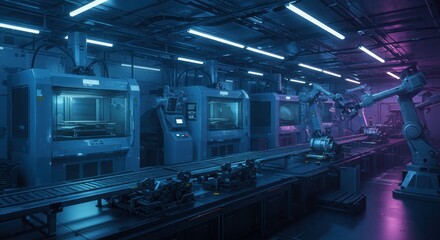 Robotics and Innovation: A cutting-edge factory scene bathed in cool blue and purple light, highlighting robotic arms and machinery, and embodying modern manufacturing and innovation. 