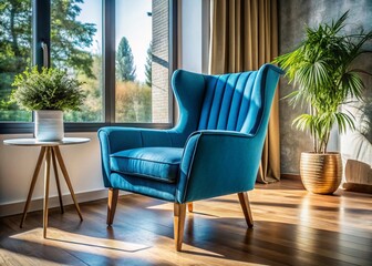 Modern Chair with Blue Upholstery in Elegant Living Room