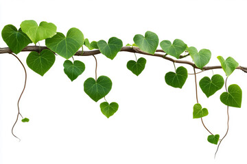 Obraz premium Green heart-shaped leaves of an ivy climbing plant with long branches, isolated on a white background. 