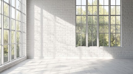 Empty white brick wall interior with tall windows, mock up, beautiful sunlight coming from the window