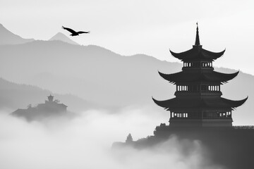 Fototapeta premium A tranquil scene of traditional pagodas shrouded in mist, highlighting architectural beauty against nature.