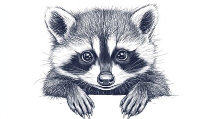 Obraz premium Adorable baby raccoon peeking over, nature background, wildlife illustration, ideal for children's book