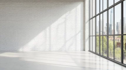 Empty white brick wall interior with tall windows, mock up, beautiful sunlight coming from the window © Liliya Trott