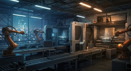Naklejka premium Automated Factory at Night: Futuristic factory interior at night, showcasing advanced robotic arms and automated machinery against a backdrop of a vibrant cityscape.
