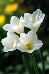 Fototapeta premium A striking close-up shot of white tulips showcases their delicate beauty and vibrant yellow centers.