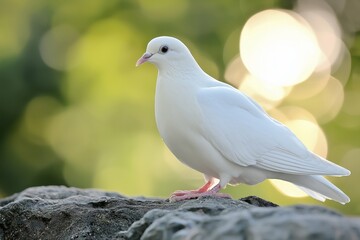 Fototapeta premium A beautiful white dove perched gracefully on a rock symbolizes peace and serenity in a natural setting.