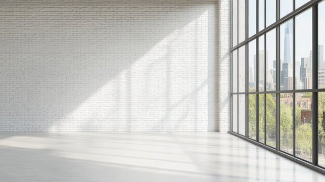 Empty white brick wall interior with tall windows, mock up, beautiful sunlight coming from the window