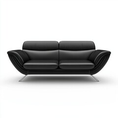 Sleek Black Leather Sofa with a Low-Profile Modern Design, Chrome Legs, and a High-End Luxury Feel, Isolated on White Background