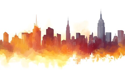 Watercolor Cityscape Skyline Featuring Iconic Buildings