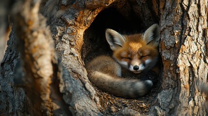 A sleeping fox nestled in a tree hollow, surrounded by textured bark, showcasing the beauty of nature and wildlife.