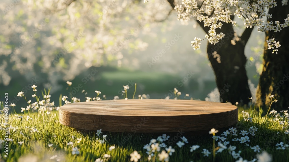 Poster a wooden podium is placed on lush green grass, surrounded by blooming white flowers and flowering tr