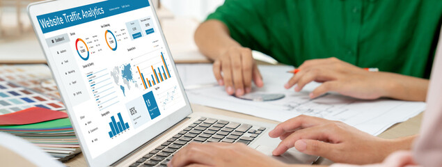 Computer software for website traffic analytics data on computer screen. Concept of SEO search...