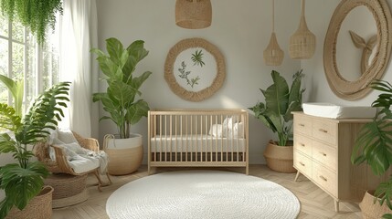 Nursery interior design, boho chic style, plants, sunlight