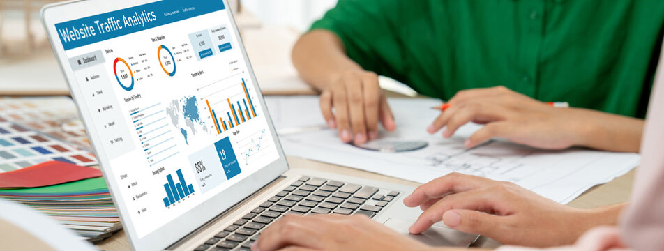 Computer software for website traffic analytics data on computer screen. Concept of SEO search engine optimization and customer targeting for online business brisk
