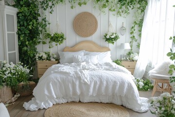 Lush bedroom decor with white bedding and abundant green foliage creating a serene atmosphere