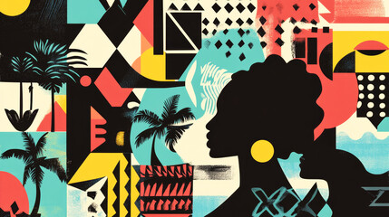 Colorful abstract representation celebrating Black History Month with geometric shapes and symbols