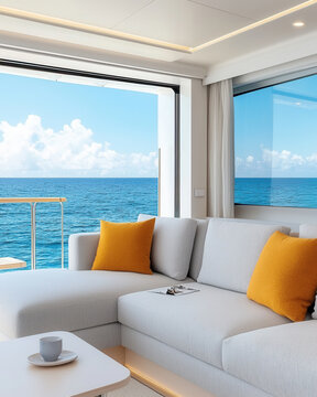 Luxurious yacht interior with panoramic ocean view and cozy seating