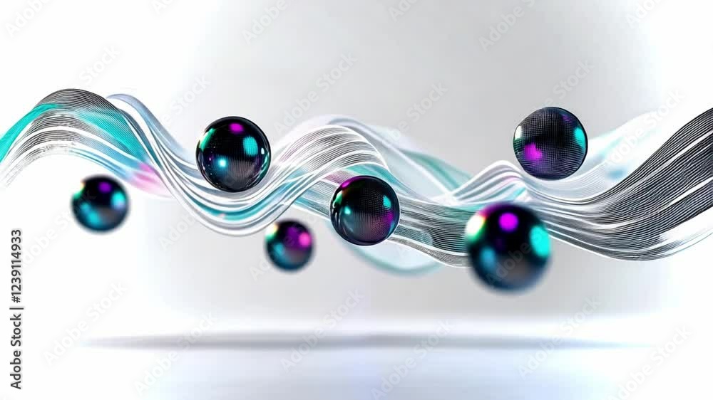 Poster dynamic waves and floating spheres create a captivating visual experience in a modern setting