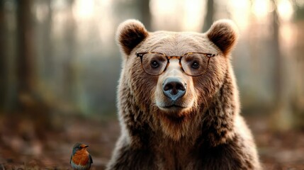 Fototapeta premium This captivating image features a bear wearing stylish glasses, showcasing a blend of nature and whimsical charm against a hazy forest backdrop.