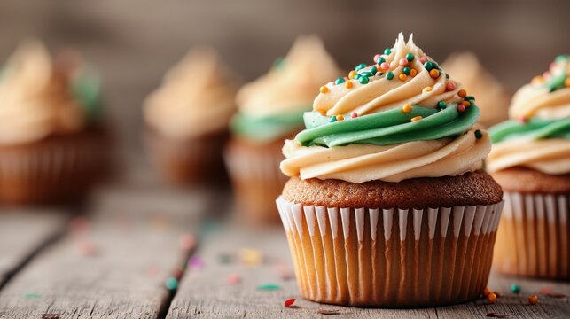 A close-up view of a delicious cupcake topped with vibrant green icing and colorful sprinkles, showcasing delightful dessert options for any celebration or gathering.