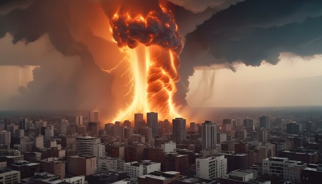 Un enorme tornado ardiente o un v&oacute;rtice de llamas y energ&iacute;a arremolin&aacute;ndose sobre un paisaje urbano, con rascacielos y edificios al fondo