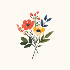 minimalist floral illustration with red, yellow, and blue flowers along with green leaves on a light background. The elegant botanical design evokes a modern, nature-inspired aesthetic