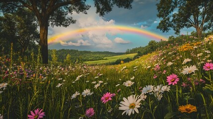 Lush green meadow, vibrant wildflowers under a clear blue sky, serene landscape ideal for nature-themed projects or relaxation.