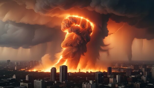 Un enorme tornado ardiente o un v&oacute;rtice de llamas y energ&iacute;a arremolin&aacute;ndose sobre un paisaje urbano, con rascacielos y edificios al fondo
