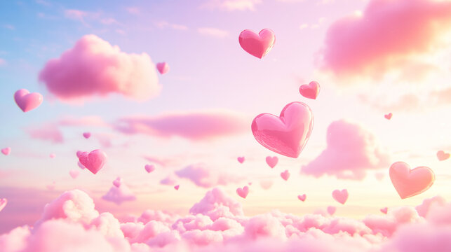 Playful Valentines background featuring hearts and pastel clouds in a dreamy sky