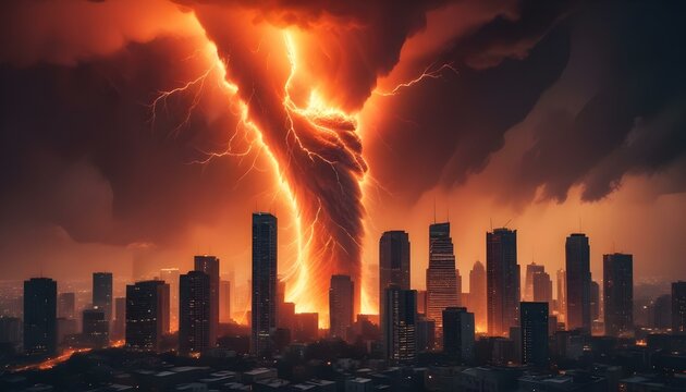 Un enorme tornado ardiente o un v&oacute;rtice de llamas y energ&iacute;a arremolin&aacute;ndose sobre un paisaje urbano, con rascacielos y edificios al fondo