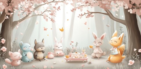 Adorable Animals Enjoying Tea Party In A Blossom Forest