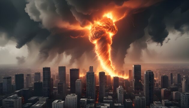 Un enorme tornado ardiente o un v&oacute;rtice de llamas y energ&iacute;a arremolin&aacute;ndose sobre un paisaje urbano, con rascacielos y edificios al fondo