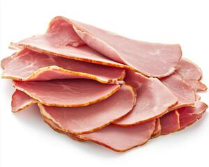 Slices of cured ham arranged neatly on a white surface for culinary presentation or food preparation