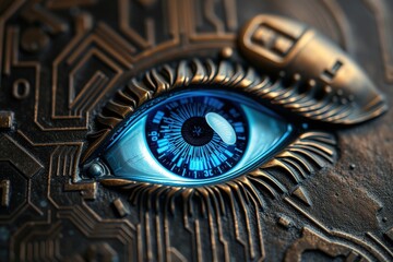 Cybernetic Eye with Metallic and Digital Elements, Futuristic Tech Design